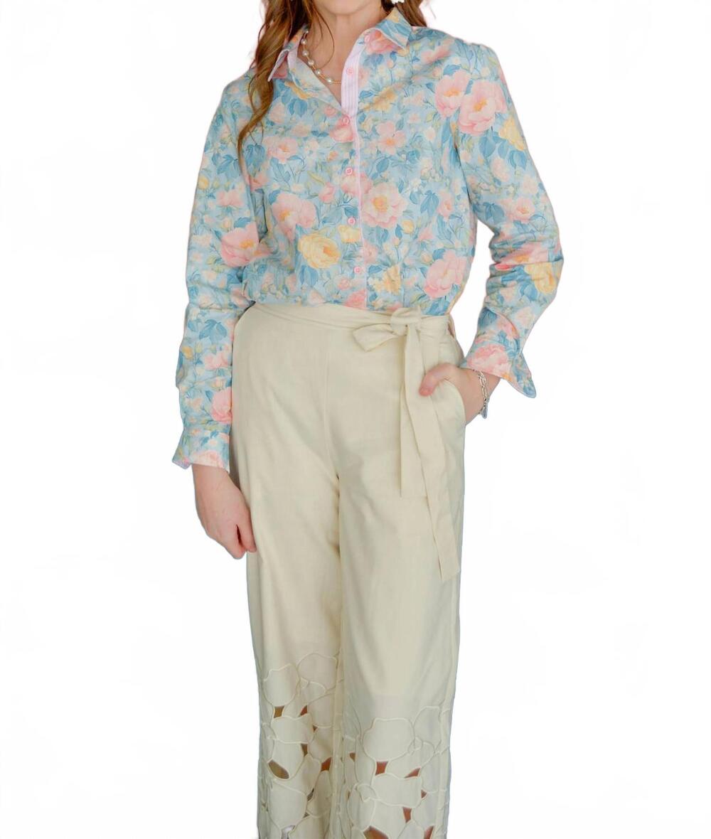 NEW BRIANNA CANNON preppy floral button down shirt in blue